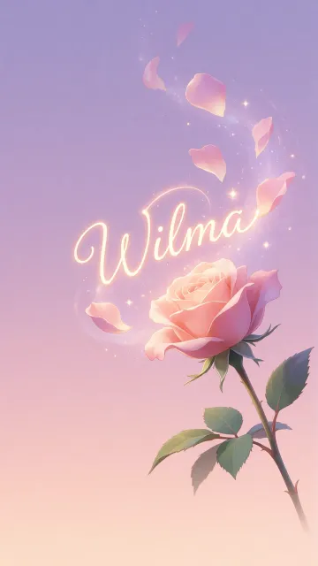 Wilma diseño 8 - Fondo de Pantalla con degradado suave que transiciona de lila en la parte superior a melocotón y rosa pastel en la base, destacando una rosa rosada hiperrealista con tallo y hojas verdes. El nombre brilla en tipografía cursiva con efecto neón cálido, adornado con pétalos cayendo y chispas de luz mágica.