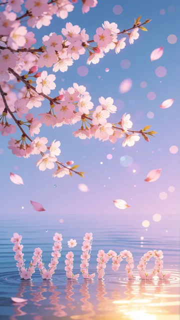 Wilma diseño 9 - Composición serena y onírica con ramas de cerezo en flor (sakura) en la parte superior contra un cielo en degradado de azul suave y lila. Pétalos de color rosa pastel flotan delicadamente en el aire cayendo hacia una superficie de agua tranquila y cristalina. En el centro inferior, el nombre está formado por pétalos de flores con un sutil efecto de relieve 3D y tipografía floral, reflejándose sobre el agua que está iluminada por un cálido destello dorado de luz solar en la esquina inferior derecha.