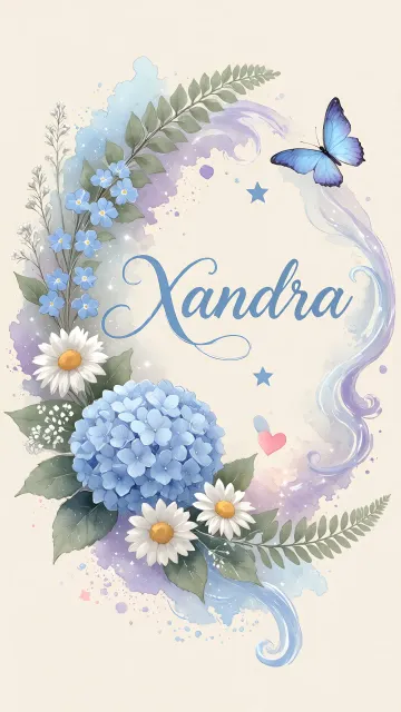 Xandra diseño 1 - Hortensias azules, flores pequeñas y acuarela suave con mariposas azules y brillo etéreo