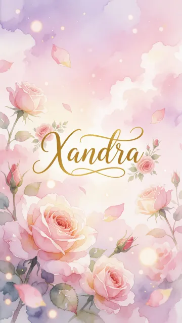 Xandra diseño 10 - Diseño estilo acuarela con un fondo etéreo y texturizado en nubes de tonos rosa pastel y lila suave. Presenta composiciones de rosas abiertas y capullos en los bordes inferior y superior, con pétalos cayendo delicadamente. Incorpora destellos de luz cálida (efecto bokeh) y, en el centro, resalta una tipografía elegante, cursiva y fluida en color dorado.