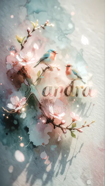 Xandra diseño 11 - Un delicado diseño de estilo acuarela digital que combina una tipografía de caligrafía personalizada para el nombre en tonos dorados y rosados suaves, adornada con pequeñas hojas y brotes. Un pajarito azul y naranja vibrante está posado en una de las letras. Todo está rodeado por un marco circular de ramas de cerezo en flor con delicadas flores rosadas y blancas. El fondo es un lavado de acuarela difuminado en tonos pastel suaves de azul cerceta, rosa rubor y melocotón sobre una textura de papel rugoso, con destellos luminosos y motas de luz bokeh flotando alrededor, creando una atmósfera mágica y soñadora. Las sombras suaves proyectadas añaden profundidad.