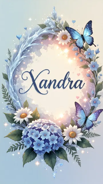 Xandra diseño 4 - Composición magica con nombre en letra cursiva azul, rodeado de hortensias azules, margaritas blancas y delicadas flores silvestres, enmarcado por suaves remolinos de agua, mariposas azules y destellos estelares sobre un fondo etéreo y romántico.