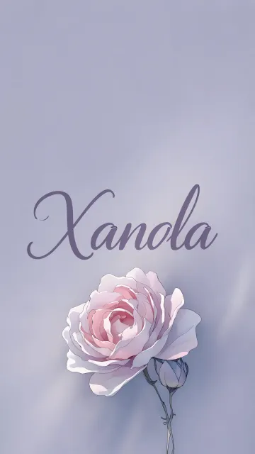 Xandra diseño 5 - Nombre en elegante tipografía cursiva caligráfica en tono lavanda, sobre fondo acuarela de cielo nublado en tonos pastel (azul, blanco, lavanda), decorado con rosa en acuarela de pétalos rosa pálido, blanco crema y lilas suaves con hojas en gris-verde.