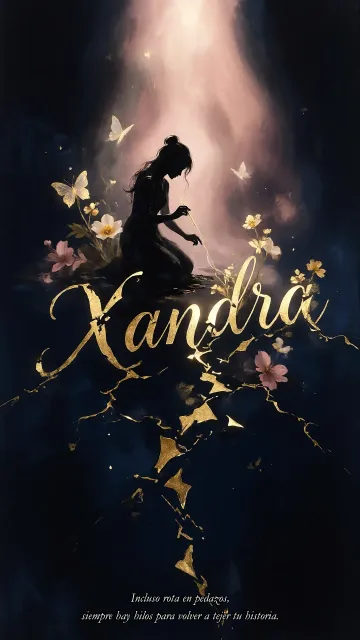 Xandra diseño 6 - Composición de ilustración semirrealista cinematográfica con silueta femenina tejiendo un hilo dorado de luz sobre un suelo oscuro fracturado al estilo Kintsugi, donde el nombre resalta en un prominente guión caligráfico dorado que emerge de las grietas, rodeado de flores blancas, mariposas y un fondo degradado de azules profundos iluminado por una luz celestial en tonos melocotón y crema, con una frase de aliento en tipografía blanca en la parte inferior.