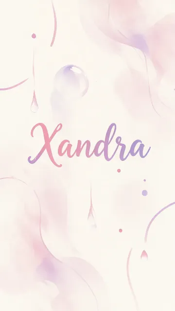 Xandra diseño 7 - Diseño abstracto en acuarela sobre fondo crema, con manchas fluidas y etéreas en rosa pastel y lila, líneas curvas que aportan movimiento, pequeñas gotas salpicadas cayendo verticalmente y una burbuja translúcida en la parte superior izquierda. El nombre resalta al centro con una tipografía cursiva amplia y elegante en degradado rosa a morado.
