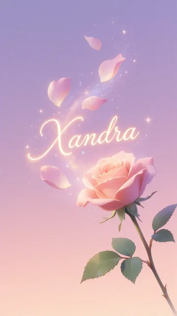 Xandra diseño 8 - Fondo de Pantalla con degradado suave que transiciona de lila en la parte superior a melocotón y rosa pastel en la base, destacando una rosa rosada hiperrealista con tallo y hojas verdes. El nombre brilla en tipografía cursiva con efecto neón cálido, adornado con pétalos cayendo y chispas de luz mágica.