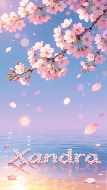 Xandra diseño 9 - Composición serena y onírica con ramas de cerezo en flor (sakura) en la parte superior contra un cielo en degradado de azul suave y lila. Pétalos de color rosa pastel flotan delicadamente en el aire cayendo hacia una superficie de agua tranquila y cristalina. En el centro inferior, el nombre está formado por pétalos de flores con un sutil efecto de relieve 3D y tipografía floral, reflejándose sobre el agua que está iluminada por un cálido destello dorado de luz solar en la esquina inferior derecha.