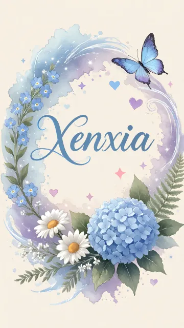 Xenia diseño 1 - Hortensias azules, flores pequeñas y acuarela suave con mariposas azules y brillo etéreo