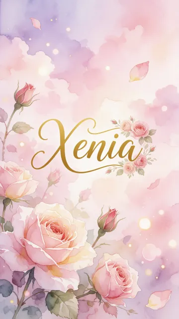 Xenia diseño 10 - Diseño estilo acuarela con un fondo etéreo y texturizado en nubes de tonos rosa pastel y lila suave. Presenta composiciones de rosas abiertas y capullos en los bordes inferior y superior, con pétalos cayendo delicadamente. Incorpora destellos de luz cálida (efecto bokeh) y, en el centro, resalta una tipografía elegante, cursiva y fluida en color dorado.
