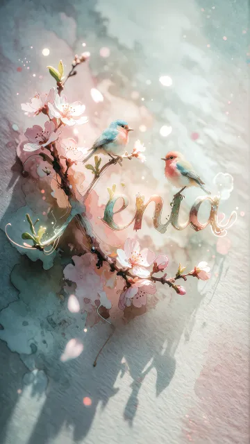 Xenia diseño 11 - Un delicado diseño de estilo acuarela digital que combina una tipografía de caligrafía personalizada para el nombre en tonos dorados y rosados suaves, adornada con pequeñas hojas y brotes. Un pajarito azul y naranja vibrante está posado en una de las letras. Todo está rodeado por un marco circular de ramas de cerezo en flor con delicadas flores rosadas y blancas. El fondo es un lavado de acuarela difuminado en tonos pastel suaves de azul cerceta, rosa rubor y melocotón sobre una textura de papel rugoso, con destellos luminosos y motas de luz bokeh flotando alrededor, creando una atmósfera mágica y soñadora. Las sombras suaves proyectadas añaden profundidad.