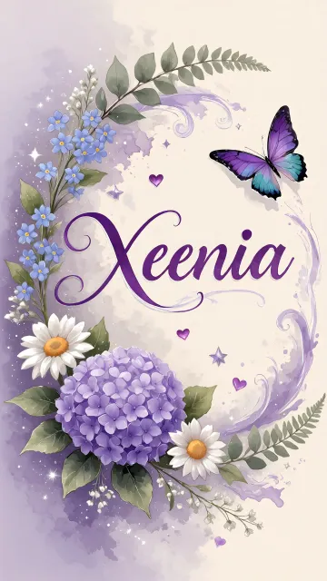 Xenia diseño 2 - Diseño elegante de hortensias en tonos lila y morados suaves, con volutas estilizadas y una mariposa mística que aporta un toque etéreo y mágico.
