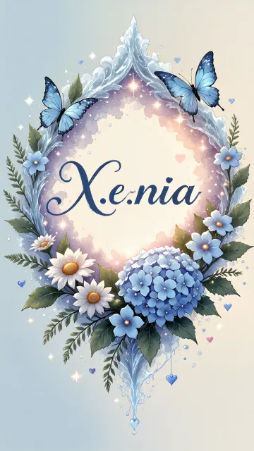 Xenia diseño 4 - Composición magica con nombre en letra cursiva azul, rodeado de hortensias azules, margaritas blancas y delicadas flores silvestres, enmarcado por suaves remolinos de agua, mariposas azules y destellos estelares sobre un fondo etéreo y romántico.