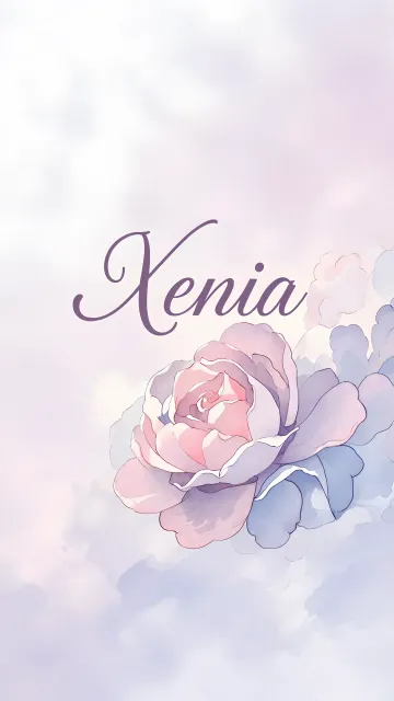 Xenia diseño 5 - Nombre en elegante tipografía cursiva caligráfica en tono lavanda, sobre fondo acuarela de cielo nublado en tonos pastel (azul, blanco, lavanda), decorado con rosa en acuarela de pétalos rosa pálido, blanco crema y lilas suaves con hojas en gris-verde.