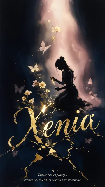Xenia diseño 6 - Composición de ilustración semirrealista cinematográfica con silueta femenina tejiendo un hilo dorado de luz sobre un suelo oscuro fracturado al estilo Kintsugi, donde el nombre resalta en un prominente guión caligráfico dorado que emerge de las grietas, rodeado de flores blancas, mariposas y un fondo degradado de azules profundos iluminado por una luz celestial en tonos melocotón y crema, con una frase de aliento en tipografía blanca en la parte inferior.