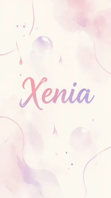 Xenia diseño 7 - Diseño abstracto en acuarela sobre fondo crema, con manchas fluidas y etéreas en rosa pastel y lila, líneas curvas que aportan movimiento, pequeñas gotas salpicadas cayendo verticalmente y una burbuja translúcida en la parte superior izquierda. El nombre resalta al centro con una tipografía cursiva amplia y elegante en degradado rosa a morado.