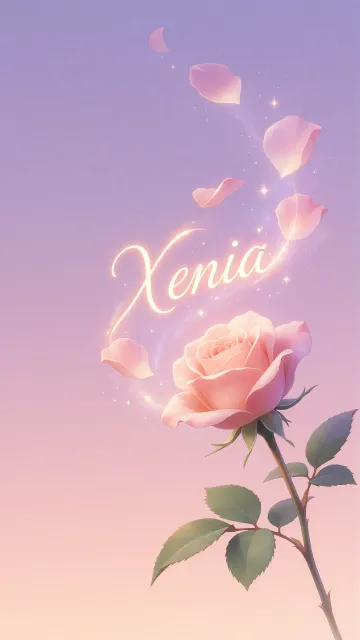 Xenia diseño 8 - Fondo de Pantalla con degradado suave que transiciona de lila en la parte superior a melocotón y rosa pastel en la base, destacando una rosa rosada hiperrealista con tallo y hojas verdes. El nombre brilla en tipografía cursiva con efecto neón cálido, adornado con pétalos cayendo y chispas de luz mágica.