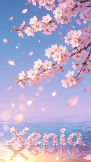 Xenia diseño 9 - Composición serena y onírica con ramas de cerezo en flor (sakura) en la parte superior contra un cielo en degradado de azul suave y lila. Pétalos de color rosa pastel flotan delicadamente en el aire cayendo hacia una superficie de agua tranquila y cristalina. En el centro inferior, el nombre está formado por pétalos de flores con un sutil efecto de relieve 3D y tipografía floral, reflejándose sobre el agua que está iluminada por un cálido destello dorado de luz solar en la esquina inferior derecha.