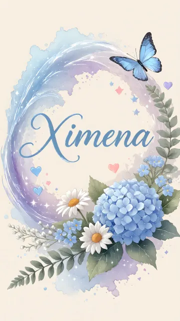 Ximena diseño 1 - Hortensias azules, flores pequeñas y acuarela suave con mariposas azules y brillo etéreo