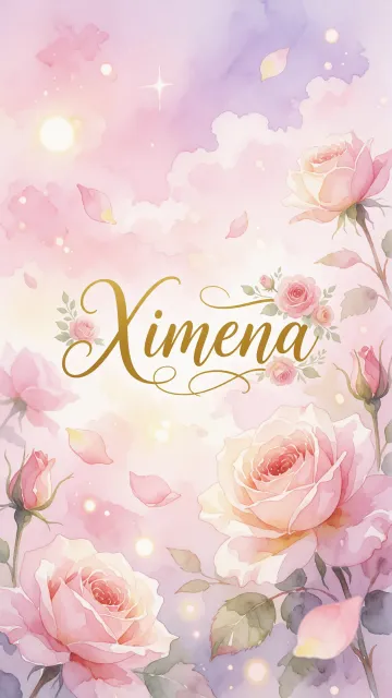 Ximena diseño 10 - Diseño estilo acuarela con un fondo etéreo y texturizado en nubes de tonos rosa pastel y lila suave. Presenta composiciones de rosas abiertas y capullos en los bordes inferior y superior, con pétalos cayendo delicadamente. Incorpora destellos de luz cálida (efecto bokeh) y, en el centro, resalta una tipografía elegante, cursiva y fluida en color dorado.
