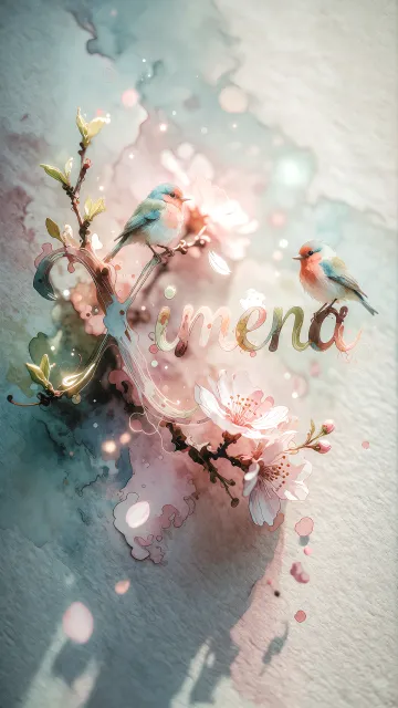 Ximena diseño 11 - Un delicado diseño de estilo acuarela digital que combina una tipografía de caligrafía personalizada para el nombre en tonos dorados y rosados suaves, adornada con pequeñas hojas y brotes. Un pajarito azul y naranja vibrante está posado en una de las letras. Todo está rodeado por un marco circular de ramas de cerezo en flor con delicadas flores rosadas y blancas. El fondo es un lavado de acuarela difuminado en tonos pastel suaves de azul cerceta, rosa rubor y melocotón sobre una textura de papel rugoso, con destellos luminosos y motas de luz bokeh flotando alrededor, creando una atmósfera mágica y soñadora. Las sombras suaves proyectadas añaden profundidad.