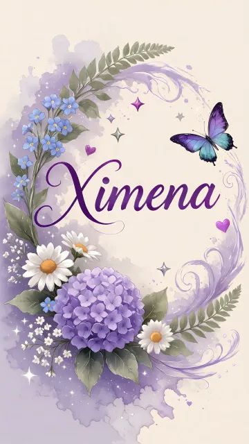 Ximena diseño 2 - Diseño elegante de hortensias en tonos lila y morados suaves, con volutas estilizadas y una mariposa mística que aporta un toque etéreo y mágico.