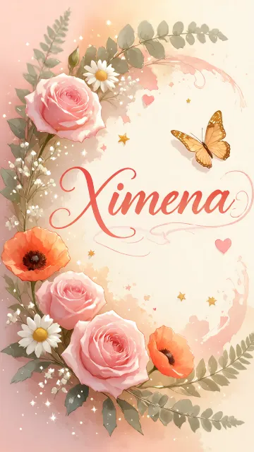 Ximena diseño 3 - Elegante composición de rosas rosadas y amapolas naranjas con mariposas doradas brillantes sobre un fondo cálido, romántico y mágico.