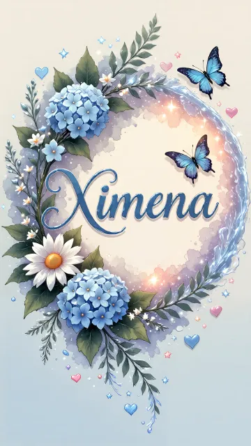 Ximena diseño 4 - Composición magica con nombre en letra cursiva azul, rodeado de hortensias azules, margaritas blancas y delicadas flores silvestres, enmarcado por suaves remolinos de agua, mariposas azules y destellos estelares sobre un fondo etéreo y romántico.