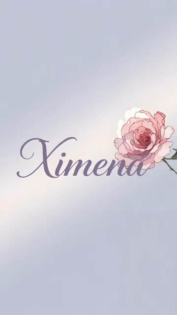 Ximena diseño 5 - Nombre en elegante tipografía cursiva caligráfica en tono lavanda, sobre fondo acuarela de cielo nublado en tonos pastel (azul, blanco, lavanda), decorado con rosa en acuarela de pétalos rosa pálido, blanco crema y lilas suaves con hojas en gris-verde.