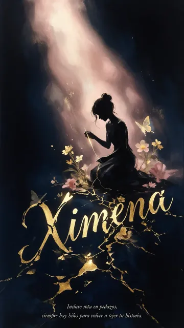 Ximena diseño 6 - Composición de ilustración semirrealista cinematográfica con silueta femenina tejiendo un hilo dorado de luz sobre un suelo oscuro fracturado al estilo Kintsugi, donde el nombre resalta en un prominente guión caligráfico dorado que emerge de las grietas, rodeado de flores blancas, mariposas y un fondo degradado de azules profundos iluminado por una luz celestial en tonos melocotón y crema, con una frase de aliento en tipografía blanca en la parte inferior.