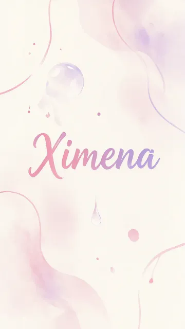 Ximena diseño 7 - Diseño abstracto en acuarela sobre fondo crema, con manchas fluidas y etéreas en rosa pastel y lila, líneas curvas que aportan movimiento, pequeñas gotas salpicadas cayendo verticalmente y una burbuja translúcida en la parte superior izquierda. El nombre resalta al centro con una tipografía cursiva amplia y elegante en degradado rosa a morado.