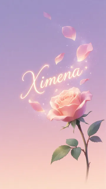 Ximena diseño 8 - Fondo de Pantalla con degradado suave que transiciona de lila en la parte superior a melocotón y rosa pastel en la base, destacando una rosa rosada hiperrealista con tallo y hojas verdes. El nombre brilla en tipografía cursiva con efecto neón cálido, adornado con pétalos cayendo y chispas de luz mágica.