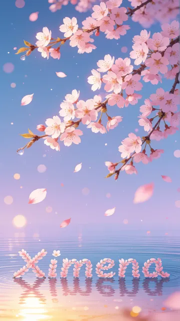 Ximena diseño 9 - Composición serena y onírica con ramas de cerezo en flor (sakura) en la parte superior contra un cielo en degradado de azul suave y lila. Pétalos de color rosa pastel flotan delicadamente en el aire cayendo hacia una superficie de agua tranquila y cristalina. En el centro inferior, el nombre está formado por pétalos de flores con un sutil efecto de relieve 3D y tipografía floral, reflejándose sobre el agua que está iluminada por un cálido destello dorado de luz solar en la esquina inferior derecha.