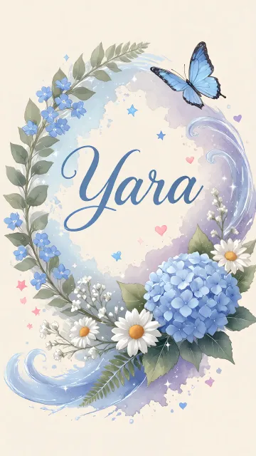 Yara diseño 1 - Hortensias azules, flores pequeñas y acuarela suave con mariposas azules y brillo etéreo