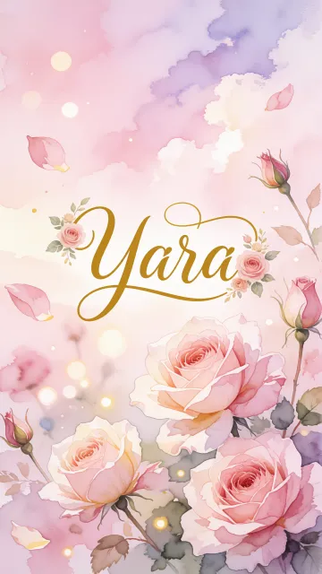 Yara diseño 10 - Diseño estilo acuarela con un fondo etéreo y texturizado en nubes de tonos rosa pastel y lila suave. Presenta composiciones de rosas abiertas y capullos en los bordes inferior y superior, con pétalos cayendo delicadamente. Incorpora destellos de luz cálida (efecto bokeh) y, en el centro, resalta una tipografía elegante, cursiva y fluida en color dorado.