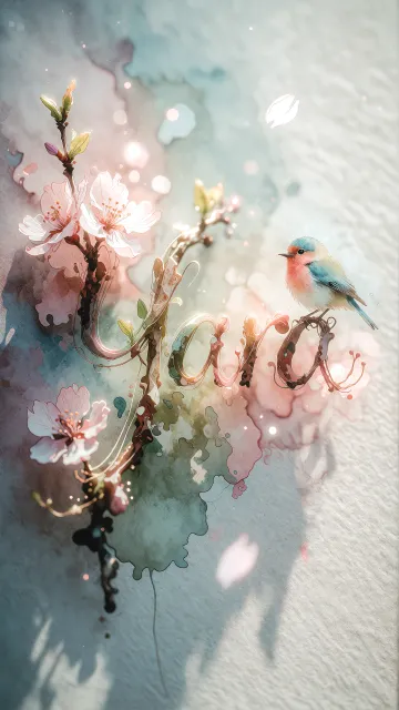 Yara diseño 11 - Un delicado diseño de estilo acuarela digital que combina una tipografía de caligrafía personalizada para el nombre en tonos dorados y rosados suaves, adornada con pequeñas hojas y brotes. Un pajarito azul y naranja vibrante está posado en una de las letras. Todo está rodeado por un marco circular de ramas de cerezo en flor con delicadas flores rosadas y blancas. El fondo es un lavado de acuarela difuminado en tonos pastel suaves de azul cerceta, rosa rubor y melocotón sobre una textura de papel rugoso, con destellos luminosos y motas de luz bokeh flotando alrededor, creando una atmósfera mágica y soñadora. Las sombras suaves proyectadas añaden profundidad.