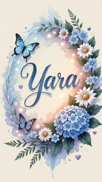 Yara diseño 4 - Composición magica con nombre en letra cursiva azul, rodeado de hortensias azules, margaritas blancas y delicadas flores silvestres, enmarcado por suaves remolinos de agua, mariposas azules y destellos estelares sobre un fondo etéreo y romántico.