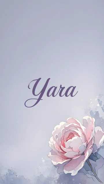 Yara diseño 5 - Nombre en elegante tipografía cursiva caligráfica en tono lavanda, sobre fondo acuarela de cielo nublado en tonos pastel (azul, blanco, lavanda), decorado con rosa en acuarela de pétalos rosa pálido, blanco crema y lilas suaves con hojas en gris-verde.