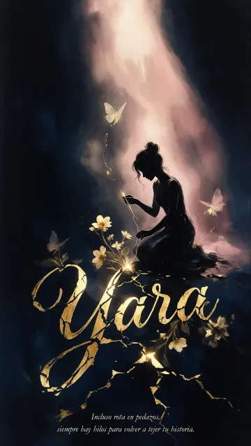 Yara diseño 6 - Composición de ilustración semirrealista cinematográfica con silueta femenina tejiendo un hilo dorado de luz sobre un suelo oscuro fracturado al estilo Kintsugi, donde el nombre resalta en un prominente guión caligráfico dorado que emerge de las grietas, rodeado de flores blancas, mariposas y un fondo degradado de azules profundos iluminado por una luz celestial en tonos melocotón y crema, con una frase de aliento en tipografía blanca en la parte inferior.