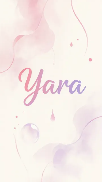Yara diseño 7 - Diseño abstracto en acuarela sobre fondo crema, con manchas fluidas y etéreas en rosa pastel y lila, líneas curvas que aportan movimiento, pequeñas gotas salpicadas cayendo verticalmente y una burbuja translúcida en la parte superior izquierda. El nombre resalta al centro con una tipografía cursiva amplia y elegante en degradado rosa a morado.