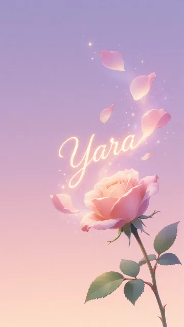 Yara diseño 8 - Fondo de Pantalla con degradado suave que transiciona de lila en la parte superior a melocotón y rosa pastel en la base, destacando una rosa rosada hiperrealista con tallo y hojas verdes. El nombre brilla en tipografía cursiva con efecto neón cálido, adornado con pétalos cayendo y chispas de luz mágica.