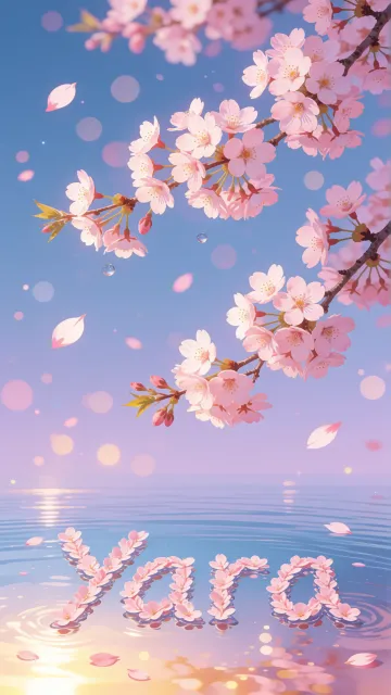 Yara diseño 9 - Composición serena y onírica con ramas de cerezo en flor (sakura) en la parte superior contra un cielo en degradado de azul suave y lila. Pétalos de color rosa pastel flotan delicadamente en el aire cayendo hacia una superficie de agua tranquila y cristalina. En el centro inferior, el nombre está formado por pétalos de flores con un sutil efecto de relieve 3D y tipografía floral, reflejándose sobre el agua que está iluminada por un cálido destello dorado de luz solar en la esquina inferior derecha.