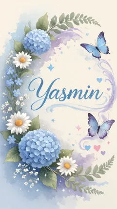 Yasmin - Hortensias azules, flores pequeñas y acuarela suave con mariposas azules y brillo etéreo