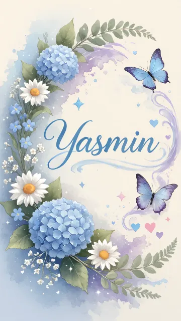 Yasmin diseño 1 - Hortensias azules, flores pequeñas y acuarela suave con mariposas azules y brillo etéreo