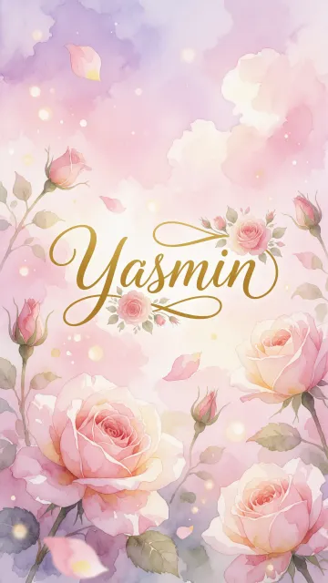 Yasmin diseño 10 - Diseño estilo acuarela con un fondo etéreo y texturizado en nubes de tonos rosa pastel y lila suave. Presenta composiciones de rosas abiertas y capullos en los bordes inferior y superior, con pétalos cayendo delicadamente. Incorpora destellos de luz cálida (efecto bokeh) y, en el centro, resalta una tipografía elegante, cursiva y fluida en color dorado.