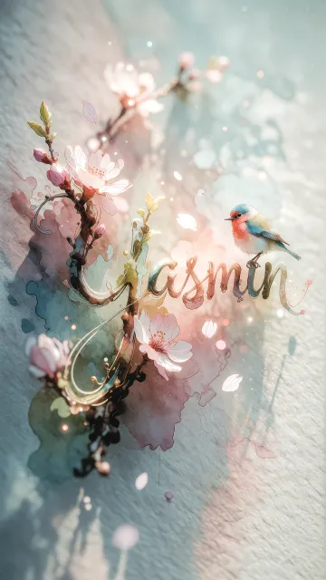 Yasmin diseño 11 - Un delicado diseño de estilo acuarela digital que combina una tipografía de caligrafía personalizada para el nombre en tonos dorados y rosados suaves, adornada con pequeñas hojas y brotes. Un pajarito azul y naranja vibrante está posado en una de las letras. Todo está rodeado por un marco circular de ramas de cerezo en flor con delicadas flores rosadas y blancas. El fondo es un lavado de acuarela difuminado en tonos pastel suaves de azul cerceta, rosa rubor y melocotón sobre una textura de papel rugoso, con destellos luminosos y motas de luz bokeh flotando alrededor, creando una atmósfera mágica y soñadora. Las sombras suaves proyectadas añaden profundidad.