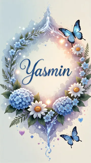 Yasmin diseño 4 - Composición magica con nombre en letra cursiva azul, rodeado de hortensias azules, margaritas blancas y delicadas flores silvestres, enmarcado por suaves remolinos de agua, mariposas azules y destellos estelares sobre un fondo etéreo y romántico.