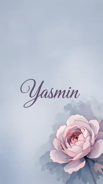 Yasmin diseño 5 - Nombre en elegante tipografía cursiva caligráfica en tono lavanda, sobre fondo acuarela de cielo nublado en tonos pastel (azul, blanco, lavanda), decorado con rosa en acuarela de pétalos rosa pálido, blanco crema y lilas suaves con hojas en gris-verde.