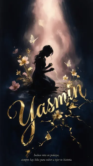 Yasmin diseño 6 - Composición de ilustración semirrealista cinematográfica con silueta femenina tejiendo un hilo dorado de luz sobre un suelo oscuro fracturado al estilo Kintsugi, donde el nombre resalta en un prominente guión caligráfico dorado que emerge de las grietas, rodeado de flores blancas, mariposas y un fondo degradado de azules profundos iluminado por una luz celestial en tonos melocotón y crema, con una frase de aliento en tipografía blanca en la parte inferior.