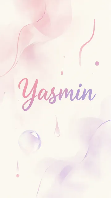 Yasmin diseño 7 - Diseño abstracto en acuarela sobre fondo crema, con manchas fluidas y etéreas en rosa pastel y lila, líneas curvas que aportan movimiento, pequeñas gotas salpicadas cayendo verticalmente y una burbuja translúcida en la parte superior izquierda. El nombre resalta al centro con una tipografía cursiva amplia y elegante en degradado rosa a morado.