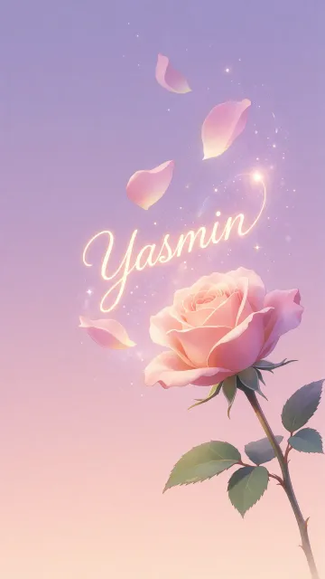 Yasmin diseño 8 - Fondo de Pantalla con degradado suave que transiciona de lila en la parte superior a melocotón y rosa pastel en la base, destacando una rosa rosada hiperrealista con tallo y hojas verdes. El nombre brilla en tipografía cursiva con efecto neón cálido, adornado con pétalos cayendo y chispas de luz mágica.